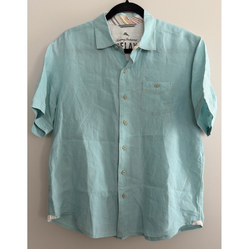 Tommy Bahama Linen Short Sleeve Shirt Aqua Green Men's Size Medium